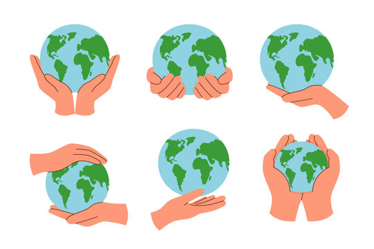 Set of human hands holding planet Earth. Ecology concept. Environment concept.