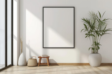Fototapeta na wymiar Frame mockup with ISO A paper size, showcasing a living room wall poster mockup against a modern interior design background, presented in a 3D render.