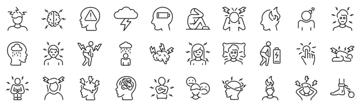 Set of 30 outline icons related to stress. Linear icon collection. Editable stroke. Vector illustration