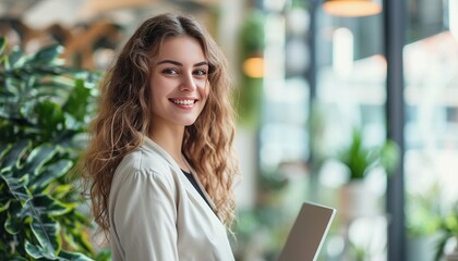 Fototapeta premium Smiling young businesswoman with laptop in a modern office