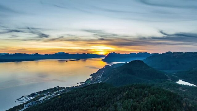 aerial hyper lapse timelapse over Midfjorden fjord in molde with sunset and mountains on background in norway