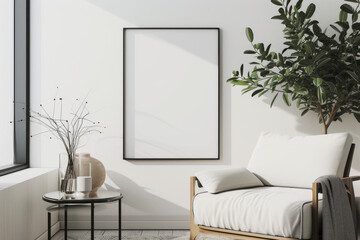 Frame mockup with ISO A paper size, showcasing a living room wall poster mockup against a modern interior design background, presented in a 3D render.