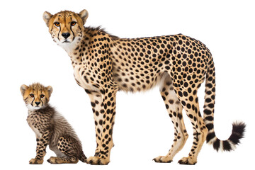 Large and small cheetah on a transparent background