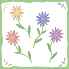 お花セット｜ピンク、黄色、青、紫、ボタニカル、手描き風、自然、葉