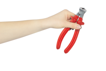 wire cutters in hand, hand holds out wire cutters tool for working with electricity, isolated from background	