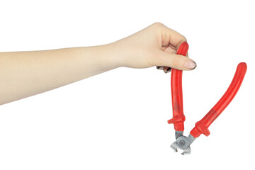 wire cutters in hand, hand holds out wire cutters tool for working with electricity, isolated from background	