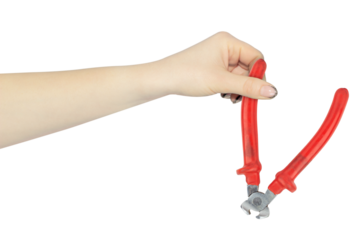wire cutters in hand, hand holds out wire cutters tool for working with electricity, isolated from background	