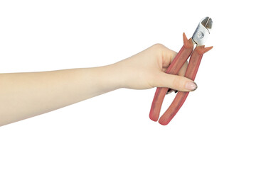 wire cutters in hand, hand holds out wire cutters tool for working with electricity, isolated from...