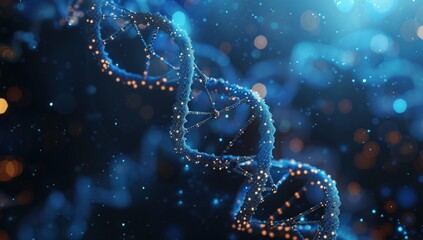 3d rendering illustration DNA gene helix neon glowing molecule on blue background. Generated AI - obrazy, fototapety, plakaty