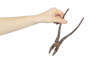 pliers in the hand, the hand holds out the pliers for working with electricity, isolated from the background	
