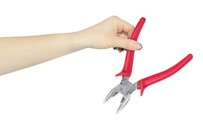 pliers in the hand, the hand holds out the pliers for working with electricity, isolated from the background	
