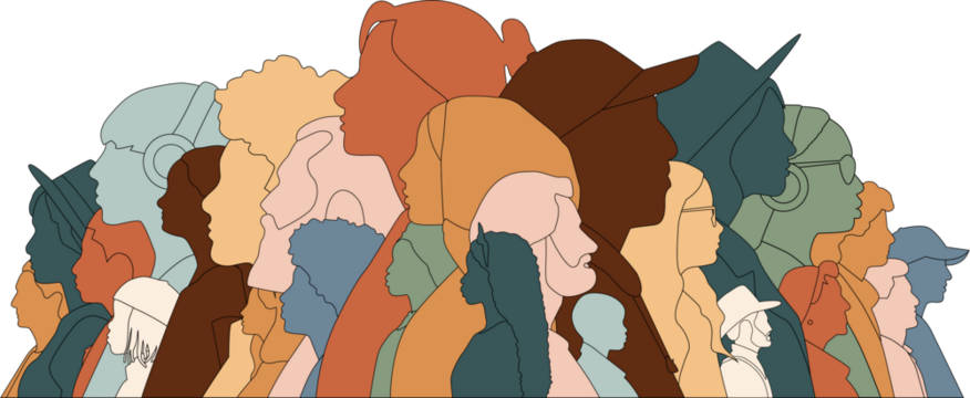 Different people stand side by side together. Modern color design.