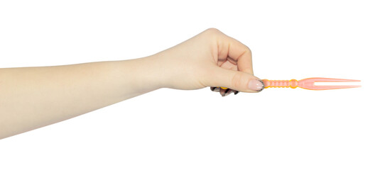 skewer for appetizer in hand, outstretched hand with plastic skewer for canapes isolated from...