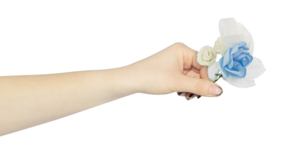 boutonniere in hand, outstretched hand with boutonniere isolated from background