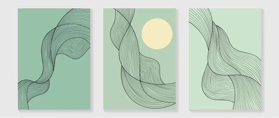 Abstract line art background vector. Minimalist modern contour drawing with wavy, moon on green color. Contemporary art design illustration for wallpaper, wall decor, card, poster, cover, print.