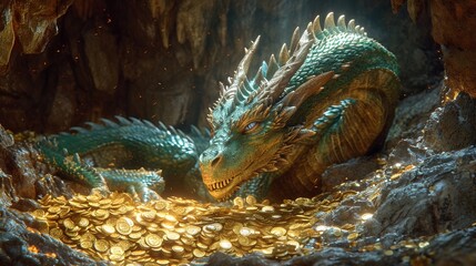 Powerful Green Wooden Dragon guarding a hidden Treasure in a mysterious cave. AI Generated - obrazy, fototapety, plakaty