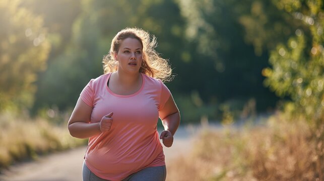 Chubby young woman in sportswear jogging in the park