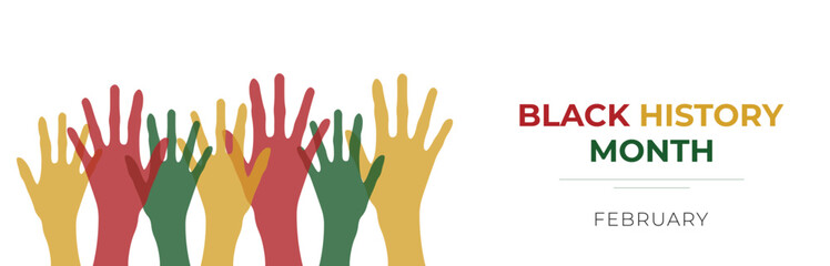 Black History Month 2024. Vector illustration with hands raised.