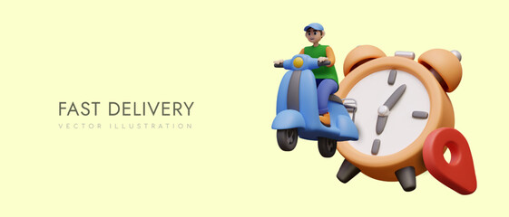Fast delivery. 3D male character in hurry on scooter. Courier rushes to customer