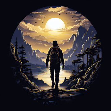 round logo emblem with back of a man traveler tourist with a backpack in mountains on black background. Symbol badge for travel company for outdoor adventures and trekking hiking in nature