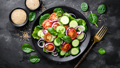 Fresh Vegetable Salad with Tomato, Cucumber, Onion, Spinach, Lettuce, and Sesame on a Plate. Healthy Diet Option. Top View