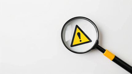 Black and yellow triangle caution warning sign inside of magnifier glass for notification error and maintenance concept.