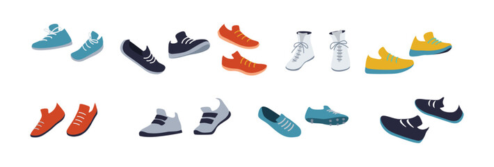 Sports shoes color vector icon set. Comfortable summer footwear for athletes collection Sneakers boots and canvas shoes illustration pack on white
