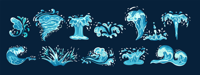 Water splashes shapes color vector icon big set. Natural aqua streams. Flowing and splashing liquid illustration pack on dark background