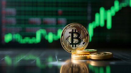 Bitcoin with green graph, stock market candle stick with crypto currency for mining and blockchain technology