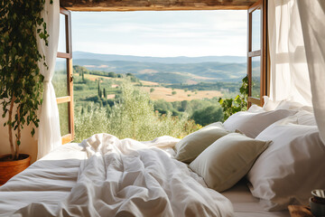 Ein Bett vor einem offenen Fenster mit traumhafter Aussicht in die Natur  - obrazy, fototapety, plakaty