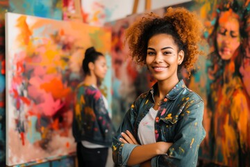 Portrait of a joyful female artist with curly hair standing in front of her colorful abstract paintings in an art studio.