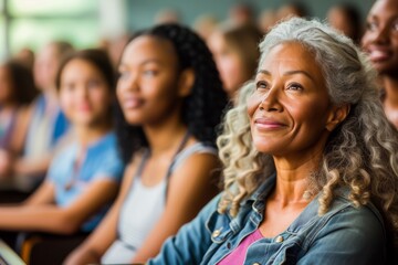 Fototapeta premium A smiling mature woman enjoys listening to a presentation among a diverse audience at a conference.