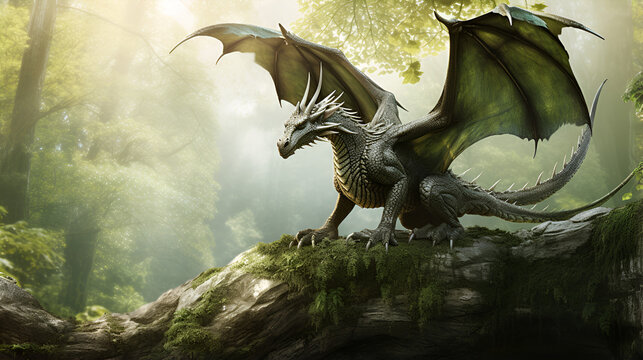 Enchanted Observer: Wings of the Forest Dragon Amidst Greenery