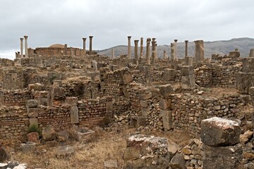 View of the ruins of the Roman city of Djemila. Christian Baptismal Area. The city was inhabited from 1.-6. century AD. Today a UNESCO World Heritage Site. Algeria. Africa.