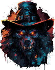 Ferocious wolves wear hats and have burning eyes, transparent backgrounds, for t-shirt designs and so on