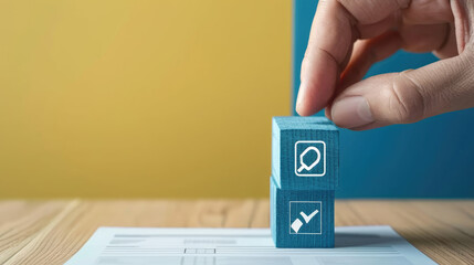 Hand holding white correct sign mark on blue wooden block cube and the top of document icon for ISO quality control certification and project approval concept