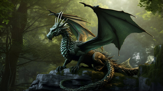 Silent Majesty: Forest Dragon's Serene Perch in Woodland