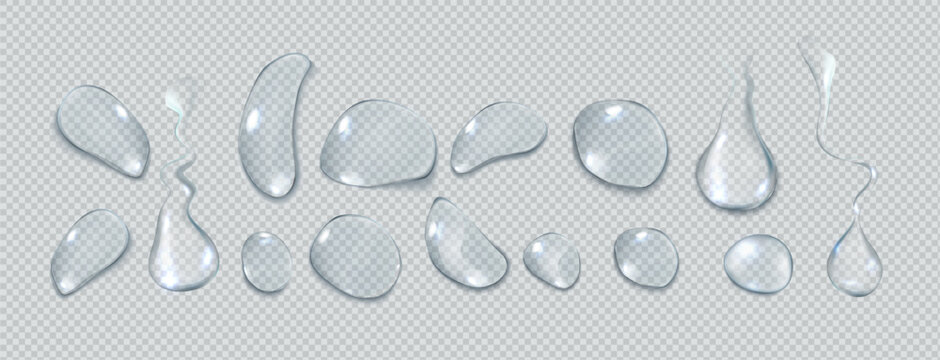 Clear liquid blobs group realistic vector illustration set. Irregular water drops upper view. Droplets 3d elements on transparent background