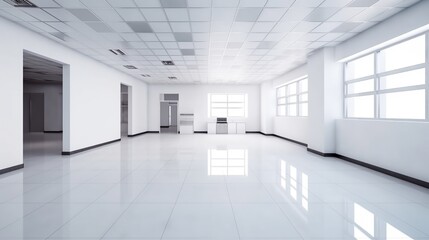 Fototapeta premium Illustration of glossy spacious well lit white interior with light reflections and copy space. Indoor background.