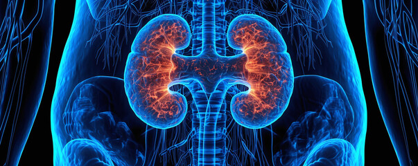 AI generated illustration of human kidneys and vascular system against a dark backdrop - obrazy, fototapety, plakaty