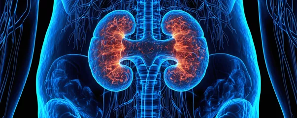 Fotobehang AI generated illustration of human kidneys and vascular system against a dark backdrop © Wirestock