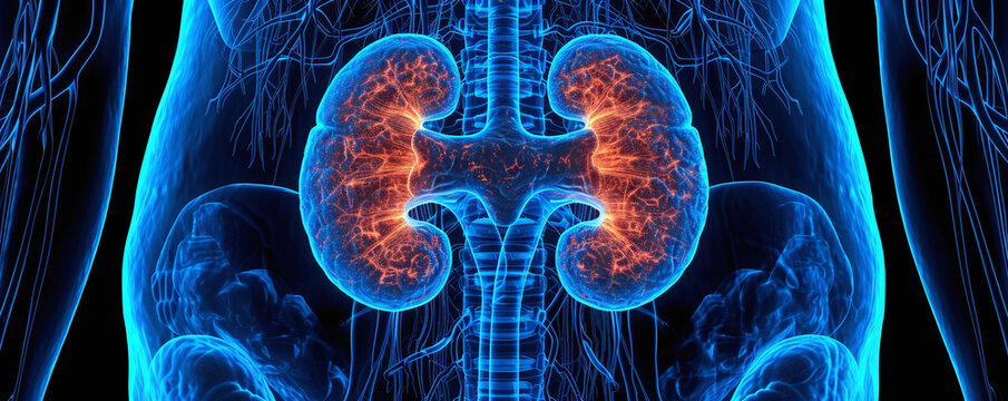 AI generated illustration of human kidneys and vascular system against a dark backdrop