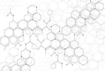 connected hexagons with dots and lines,molecular structure