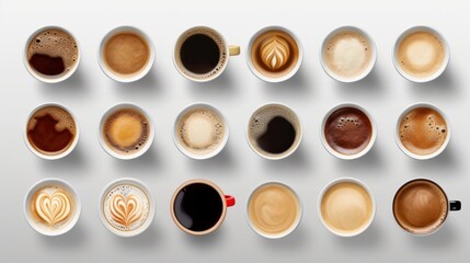 Set of many different coffee drinks in mugs.