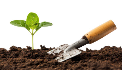 Young plant in the soil with a garden shovel, cut out - stock png. - obrazy, fototapety, plakaty