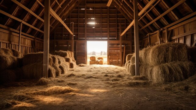 Hayloft interior with hay-bales and sun rays.