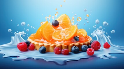 Delicious fruit tart dessert on blue background.