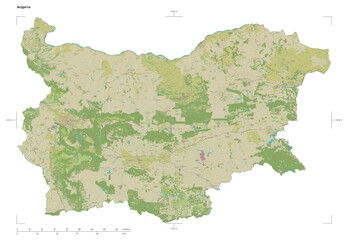 Bulgaria shape isolated on white. OSM Topographic Humanitarian style map