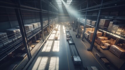 interior view of logistic warehouse for cardboard parcel storage