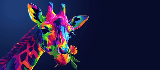 Fototapeta na wymiar Portrait giraffe animal in the style of pop art vibrant color on dark blue background. Generated AI
